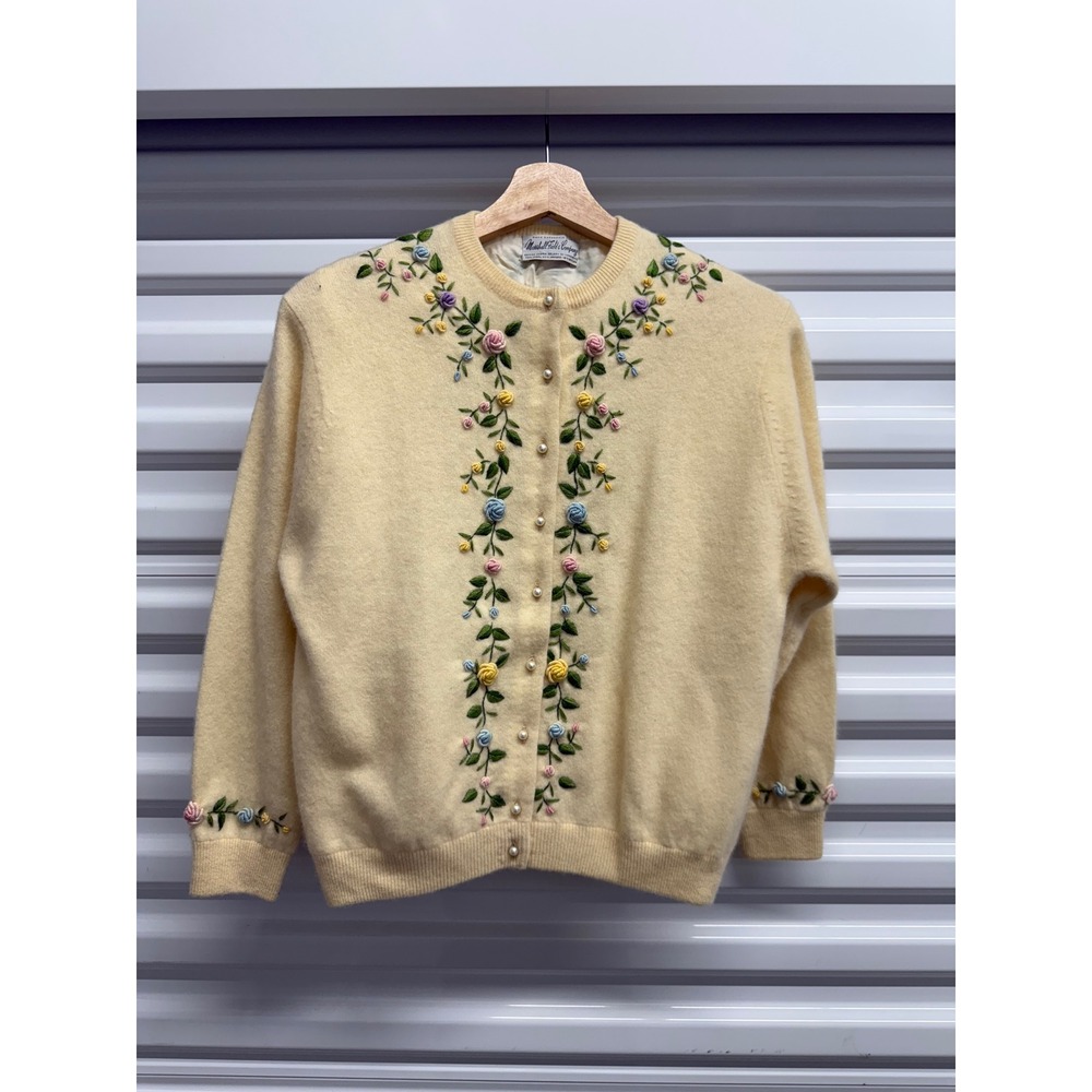 Vintage Marshall Field & Company Floral Embroidered Angora Wool Cardigan Cream